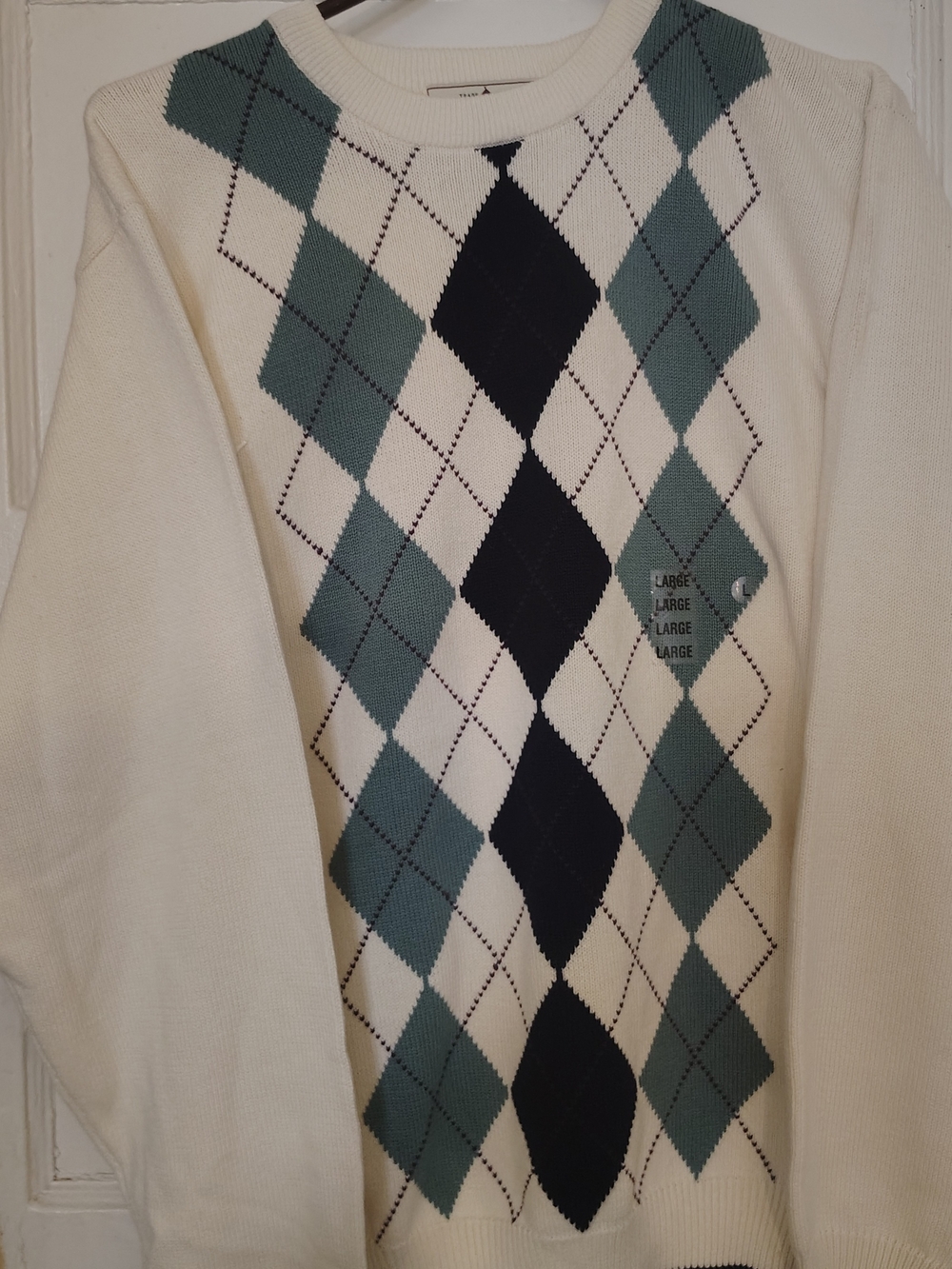 Men's Cream 100% Cotton Argyle Sweater with Green & Black Pattern